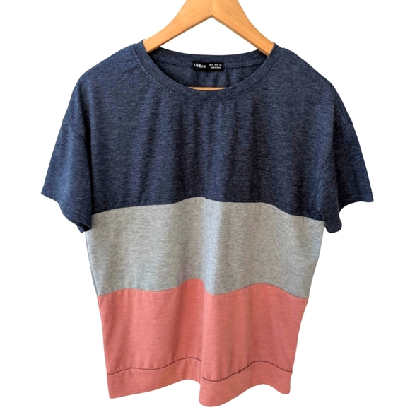 Shein Color Block T-Shirt in Blue, Gray, and Pink Casual Size M - Picture 1 of 4